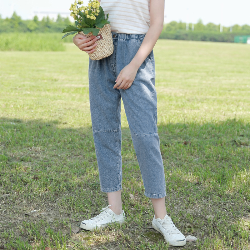 花吉 2016夏季新款女裝日系小寬松休閒松緊腰雪花九分薄牛仔褲女工廠,批發,進口,代購