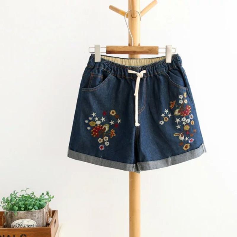 夏裝新款刺繡小星星花朵松緊腰翻邊女士牛仔短褲工廠,批發,進口,代購