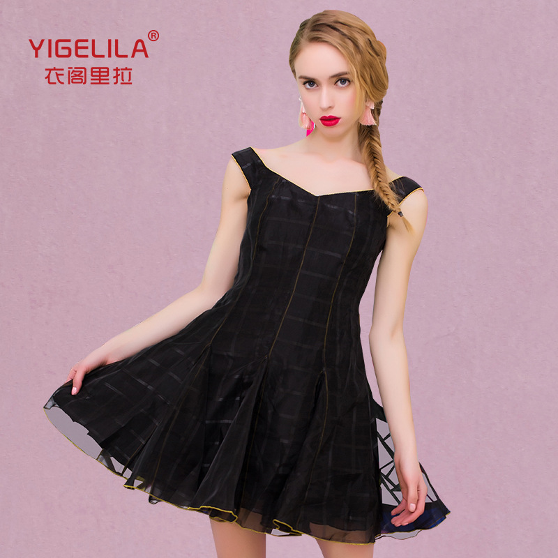 YIGELILA2015新款無袖桃心領薄紗透視黑色禮服連衣裙61006工廠,批發,進口,代購