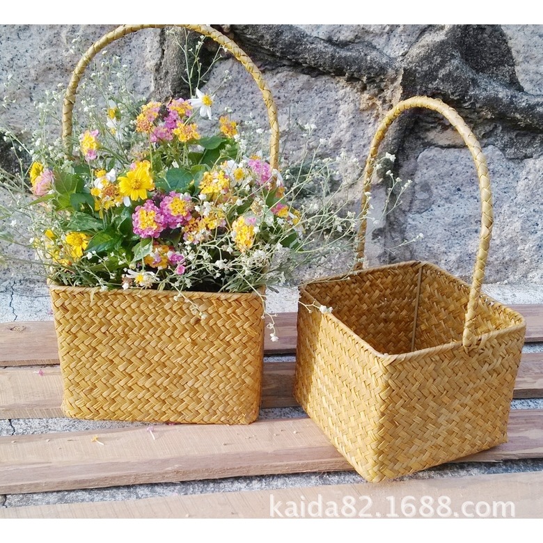 2633田園傢居實用籃子海草編織提手收納籃 純手工純天然花籃工廠,批發,進口,代購