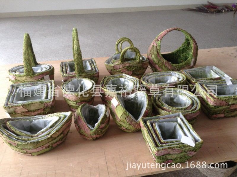 植物工藝品水草編籃樺樹皮搭配純手工木絲籃麻絲籃園藝花籃佈藝籃批發・進口・工廠・代買・代購