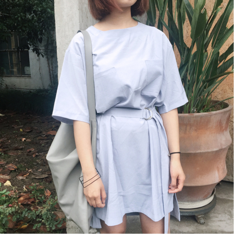 2016夏季新款自製氣質超chic寬松慵懶圓扣腰帶圓領連衣裙女工廠,批發,進口,代購