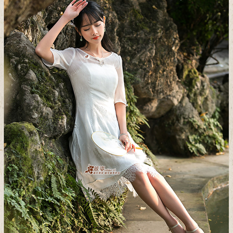 筱姿 隨風入夏2016夏季新款復古女裝圓領蕾絲邊修身及膝連衣裙工廠,批發,進口,代購