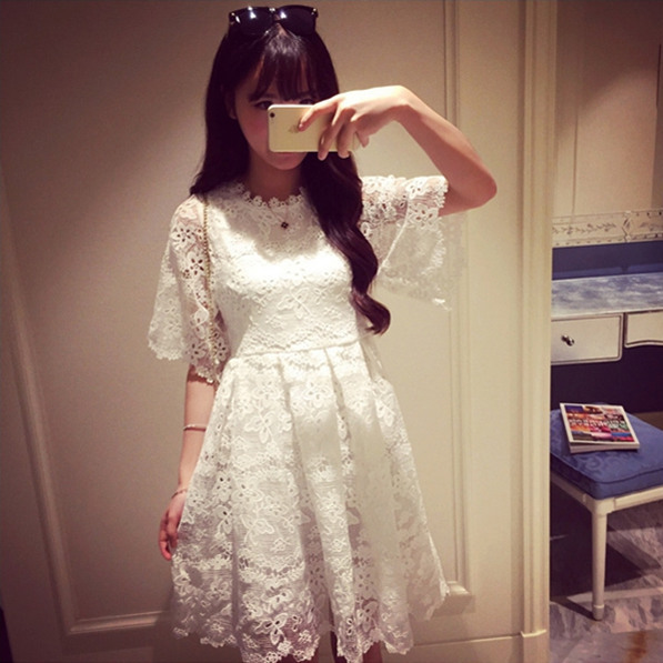 2015新款甜美白色高腰修身顯瘦淑女蕾絲裙裝 連衣裙批發・進口・工廠・代買・代購