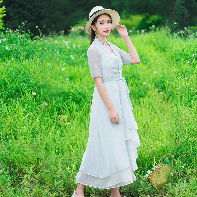 實拍 2016夏款森女系純色雪紡吊帶背心兩件套連衣裙仙女長裙工廠,批發,進口,代購