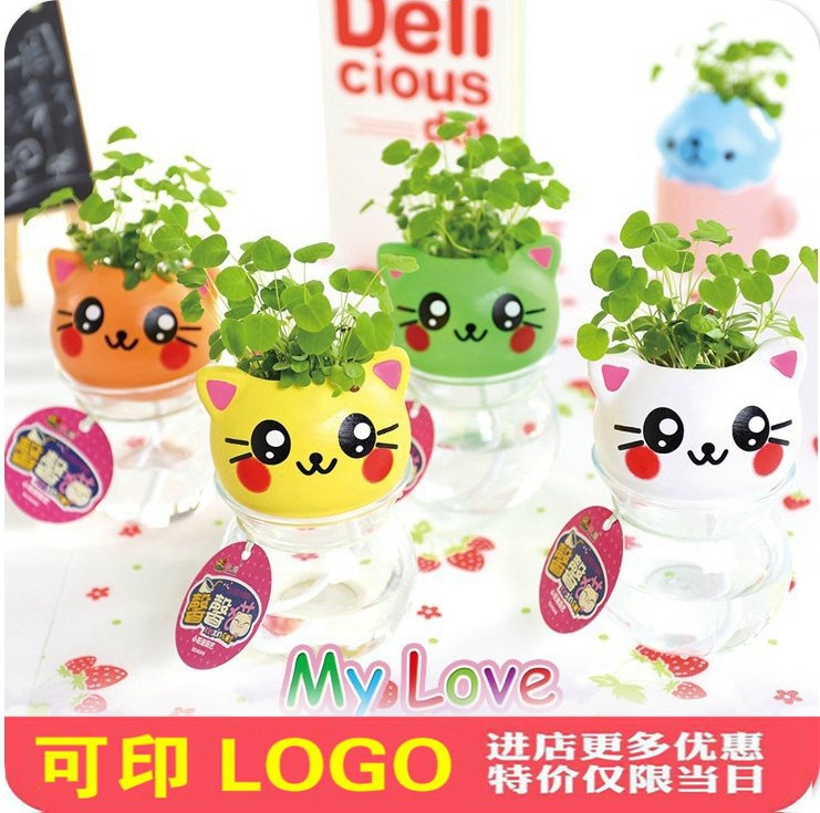招財貓動物寵物瓶尾巴吸水萌寵植物桌麵小盆栽創意diy草娃娃禮品工廠,批發,進口,代購