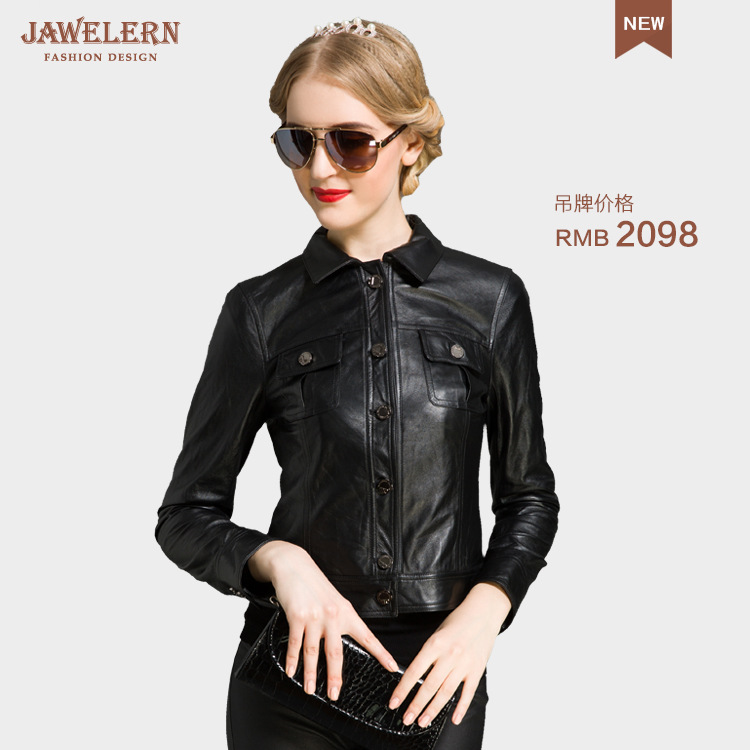 廠傢直銷 JAWELERN/佳呈品牌高檔皮衣 女式真皮皮衣 修身皮夾克工廠,批發,進口,代購