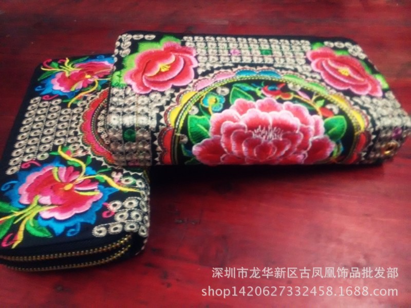 新款正品 雲南民族特色雙麵繡花手提零錢包 雙拉鏈刺繡小手提包工廠,批發,進口,代購