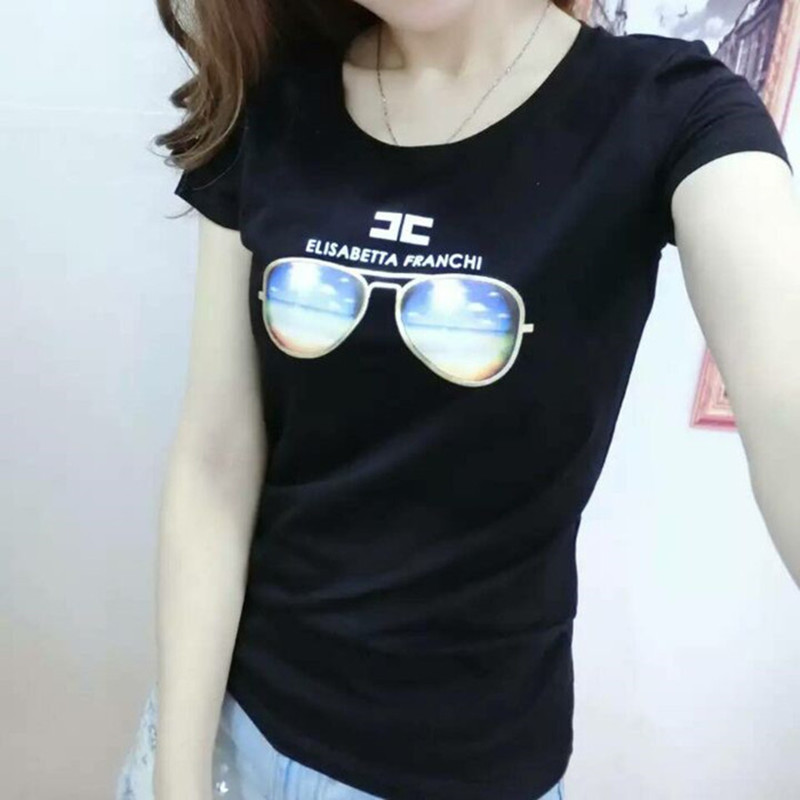 QQ服飾新款3D眼鏡印花圖案純棉修身顯瘦短袖圓領T恤女裝一件代發批發・進口・工廠・代買・代購