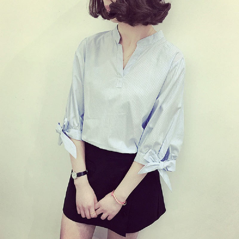 韓版清新豎條紋寬松顯瘦V領純棉套頭襯衫上衣女工廠,批發,進口,代購