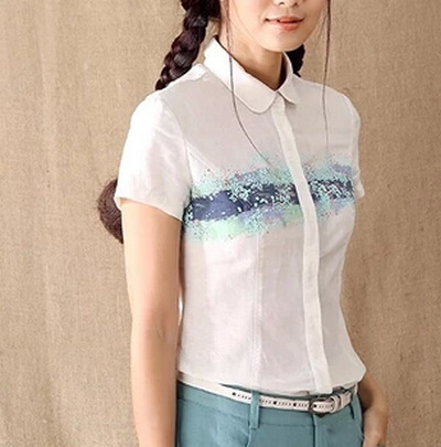 2015夏裝新款白色印花短袖襯衫亞麻襯衣8520130749工廠,批發,進口,代購