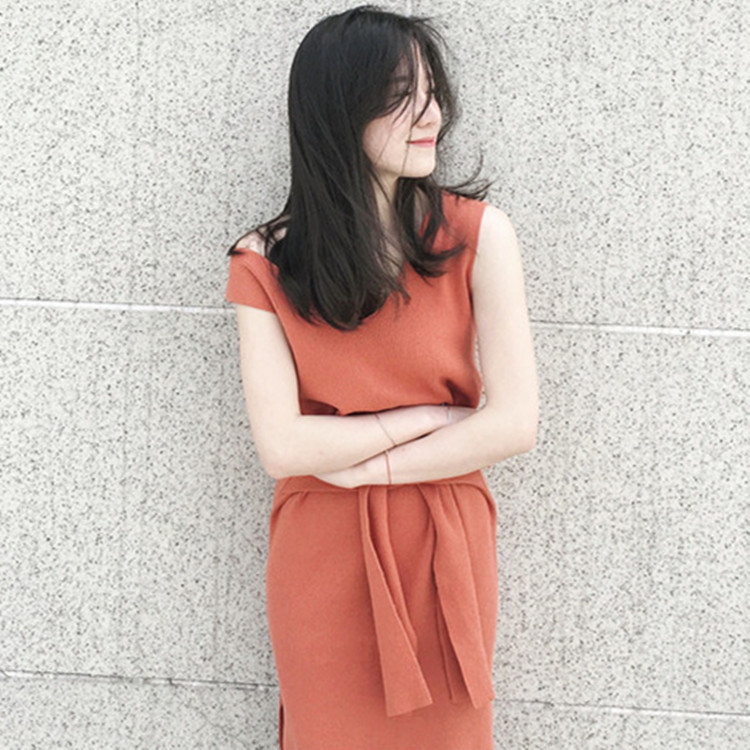 韓國同款夏季新款寬松高腰系帶V領裙擺開叉無袖針織背心連衣裙批發・進口・工廠・代買・代購