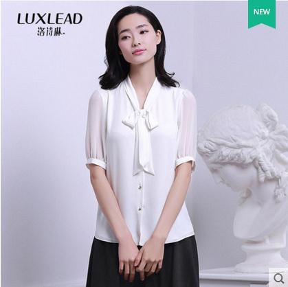 LUXLEAD洛詩琳2016夏裝新品OL翻領蝴蝶結拼接雪紡百搭氣質襯衫工廠,批發,進口,代購