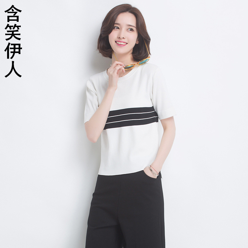 2016夏季新款韓版黑白條紋針織衫T恤女式短款短袖套頭冰麻針織衫批發・進口・工廠・代買・代購