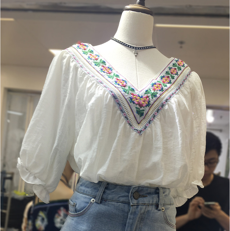 夏季韓國大碼女裝胖妹妹胖MM寬松顯瘦重工刺繡V領絲麻襯衫女批發・進口・工廠・代買・代購