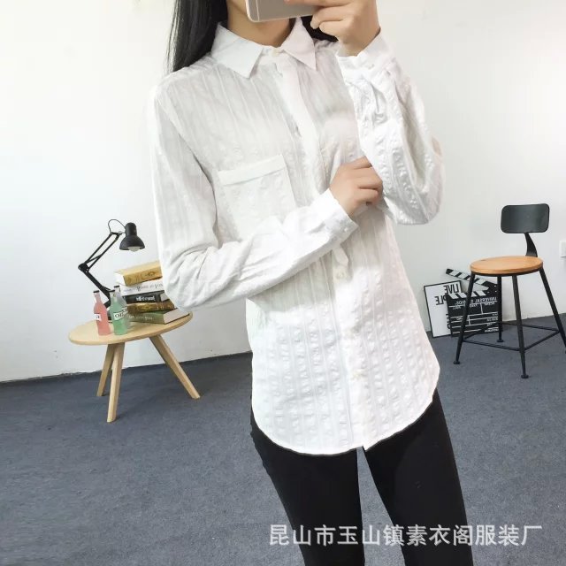 甜美清新純棉麻打底襯衣2016春季全棉少女豎條紋女泡泡紗白色襯衣工廠,批發,進口,代購