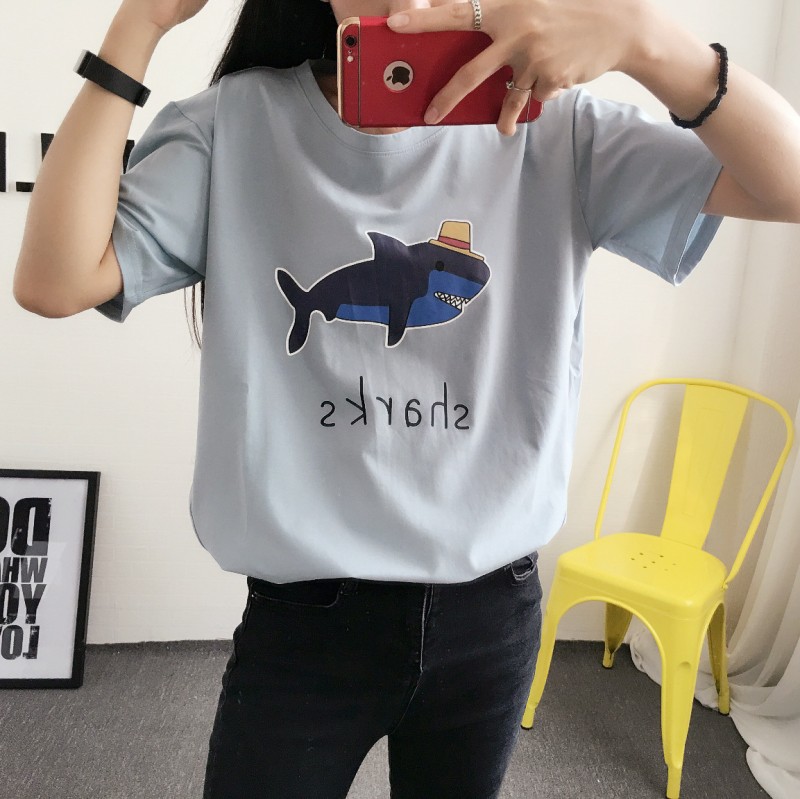 夏季新款韓版女T恤 寬松純棉奧代爾女T恤 卡通鯊魚潮流短袖女T恤批發・進口・工廠・代買・代購