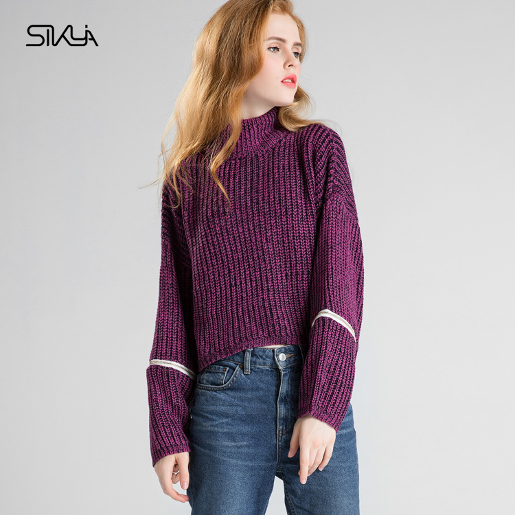 Sikya 2015秋款女式針織衫純色小高領針織衫時尚拉鏈裝飾短款毛衫批發・進口・工廠・代買・代購