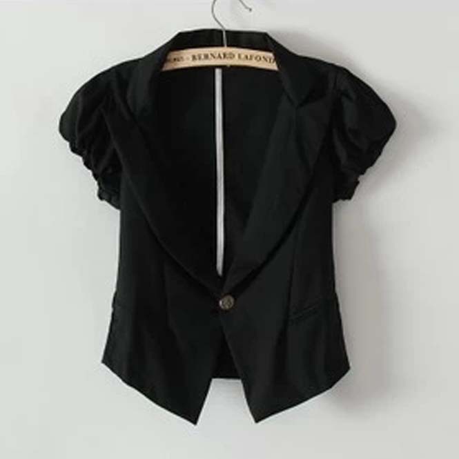 2015新款女裝外套韓版 燈籠短袖黑色小西裝一粒扣短款修身西服批發・進口・工廠・代買・代購