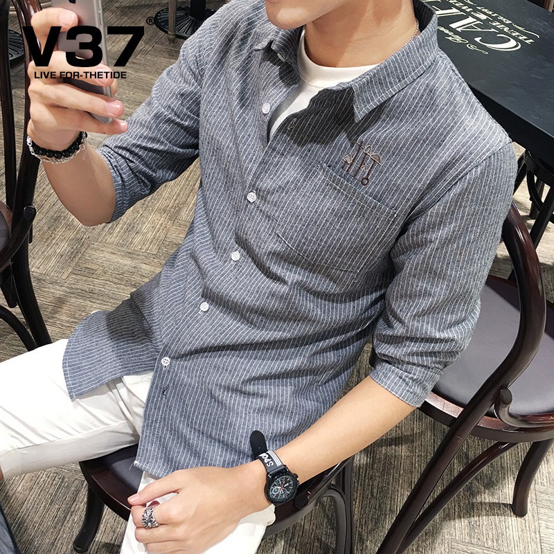 V37夏季新款男士五分袖襯衫韓版潮男裝修身襯衣青年休閒條紋寸衫工廠,批發,進口,代購