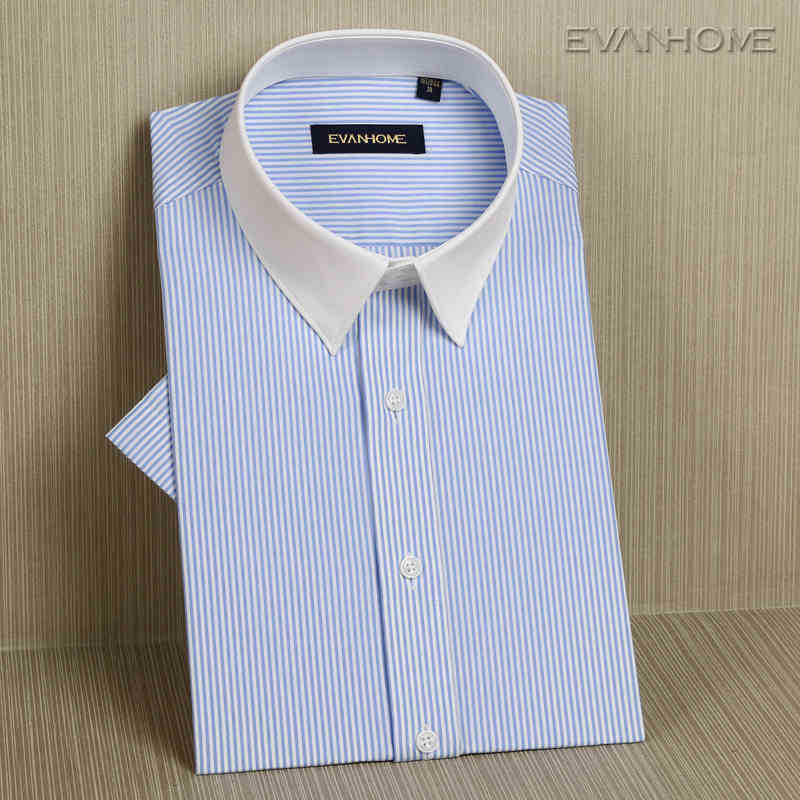 夏季新品純棉襯衫男短袖 免燙修身藍色條紋白領商務襯衣工廠,批發,進口,代購