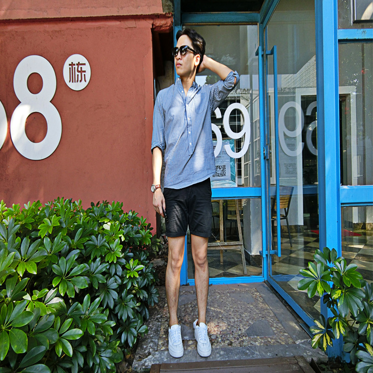 日韓版襯衫男夏季青少年襯衣條紋修身帥氣7分袖6090工廠,批發,進口,代購