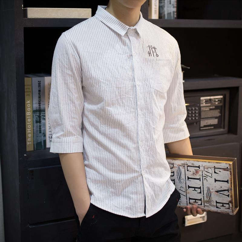 新款夏季韓版修身中袖襯衫男7分袖條紋白襯衣批發・進口・工廠・代買・代購