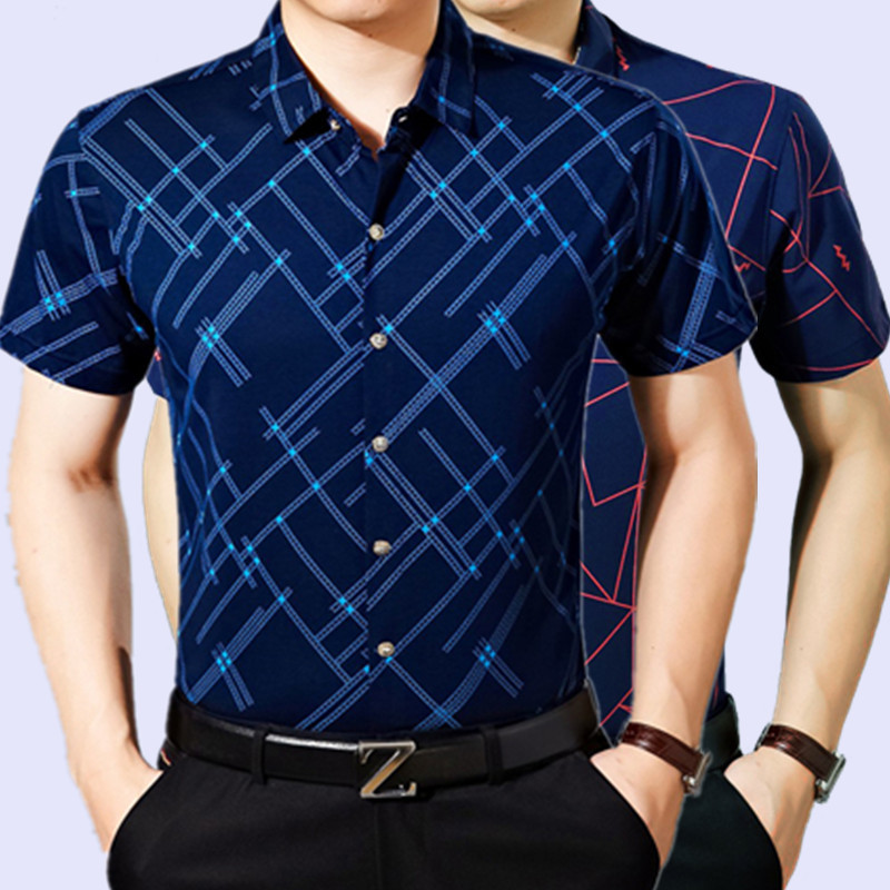 2016夏季男式襯衫短袖絲光棉印花格子短袖襯衫 中年男裝短袖襯衣工廠,批發,進口,代購