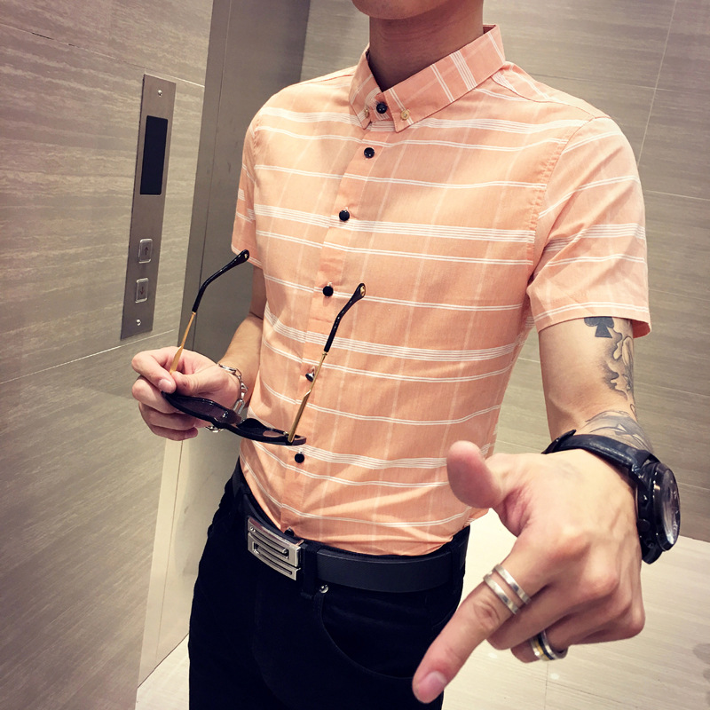 2016夏季潮流青年短袖襯衫 韓版修身時尚亞麻格子襯衣一件代發工廠,批發,進口,代購