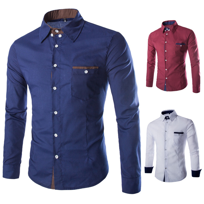 ebay外貿男裝長袖襯衫 單口袋設計  拼接修身長袖襯衫CS17工廠,批發,進口,代購