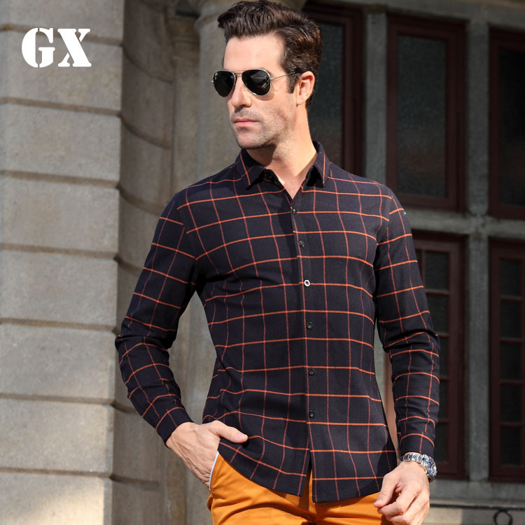 GX觀喜品牌 男裝服飾輕奢男士2015春款長袖磨毛格子襯衫 預售工廠,批發,進口,代購