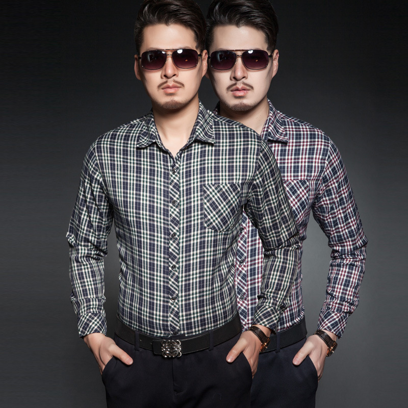 2015春裝新款 男士襯衣 格子方領長袖男式商務襯衫 有口袋 批發工廠,批發,進口,代購