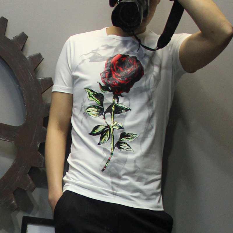 2016年夏季新款韓版男式修身 玫瑰花 絲光棉短袖T恤 5519批發・進口・工廠・代買・代購