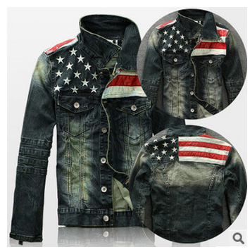 外貿Ebay復古美國國旗男式牛仔夾克長袖個性拼色男裝外套上衣工廠,批發,進口,代購