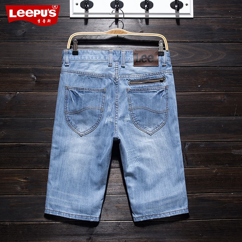 LEEpus夏季薄款男式牛仔五分短褲 破洞韓版直筒男裝牛仔中褲2色潮工廠,批發,進口,代購