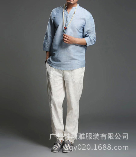 中國風唐裝男短袖棉麻唐裝短袖襯衫男士七分袖男裝 中年夏裝批發・進口・工廠・代買・代購