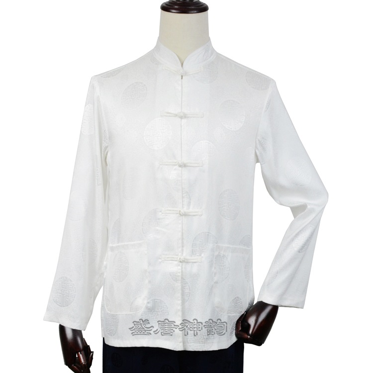 男長袖絲綢襯衫 中式暗紋印花 白色品質款 接受活動定製批發・進口・工廠・代買・代購