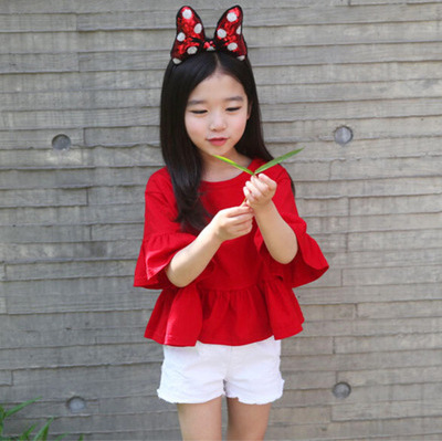 韓版兒童裝春夏款女童大紅色喇叭中袖上衣T恤 廠傢直銷  一件代發工廠,批發,進口,代購