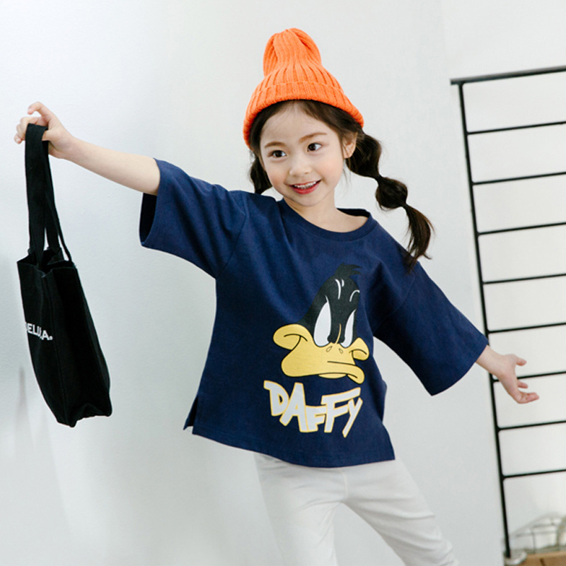 新款女童夏季五分袖T恤韓版中大童純棉寬松卡通印花親子裝針織衫工廠,批發,進口,代購
