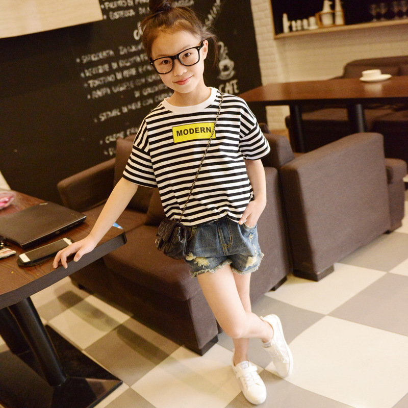 韓版夏季新品 百搭拼色條紋t恤女童中小童純棉字母潮范T恤工廠,批發,進口,代購