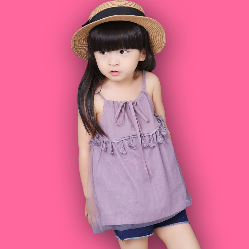 2016夏季新款純棉中小童女童無袖T恤衫純色韓版時尚花邊童體恤工廠,批發,進口,代購