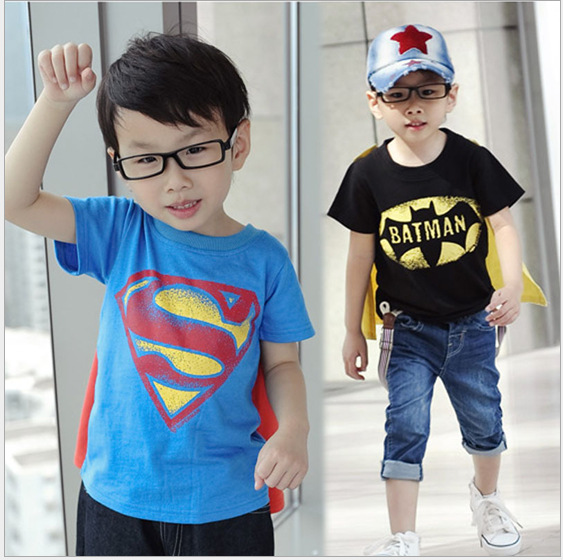 兒童裝一件代發夏季韓版男童超人短袖T恤純棉外貿卡通送披風潮款工廠,批發,進口,代購