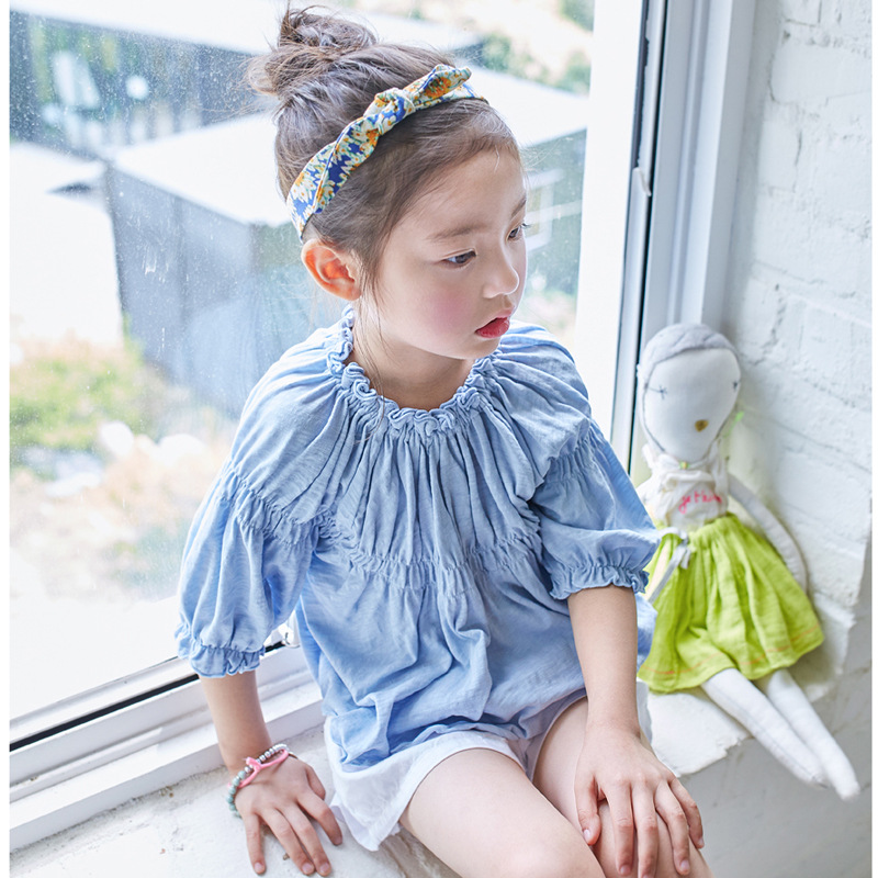 韓國童裝 女童2016新款清新馬卡龍色純棉竹節紋七分袖上衣工廠,批發,進口,代購