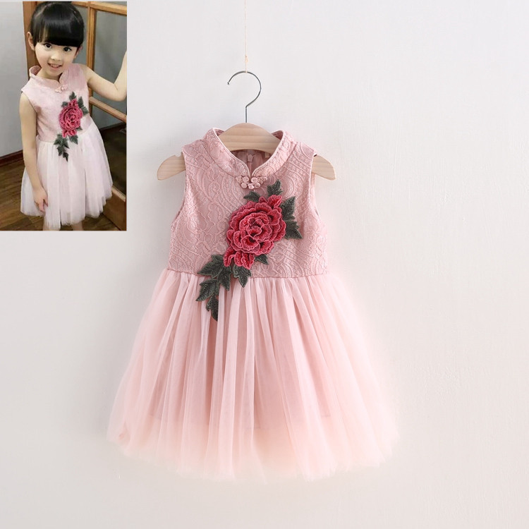 童裝夏季連衣裙2016新款女童花朵無袖旗袍裙中國風紗裙工廠,批發,進口,代購