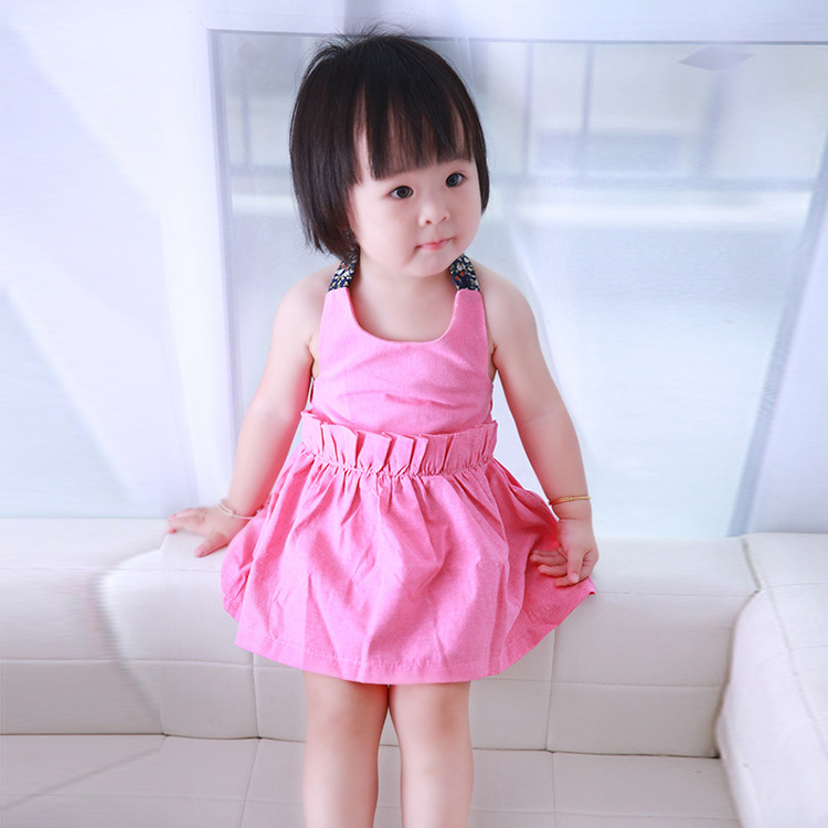 韓版女童寶寶露背吊帶連衣裙純色1-3歲小童嬰幼兒公主裙夏季童裝工廠,批發,進口,代購