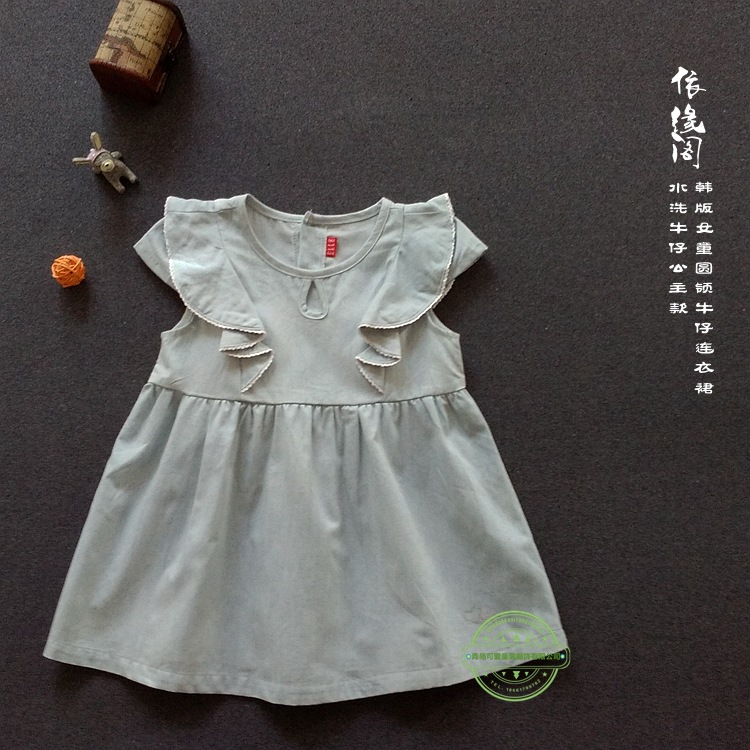 韓版外貿童裙2016春夏款女童水洗牛仔連衣裙圓領飛袖公主連衣裙工廠,批發,進口,代購