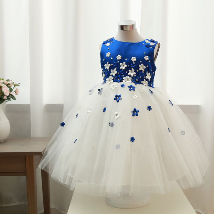 女童公主連衣裙主持人蓬蓬紗裙寶藍色花童公主裙兒童演出禮服婚紗工廠,批發,進口,代購