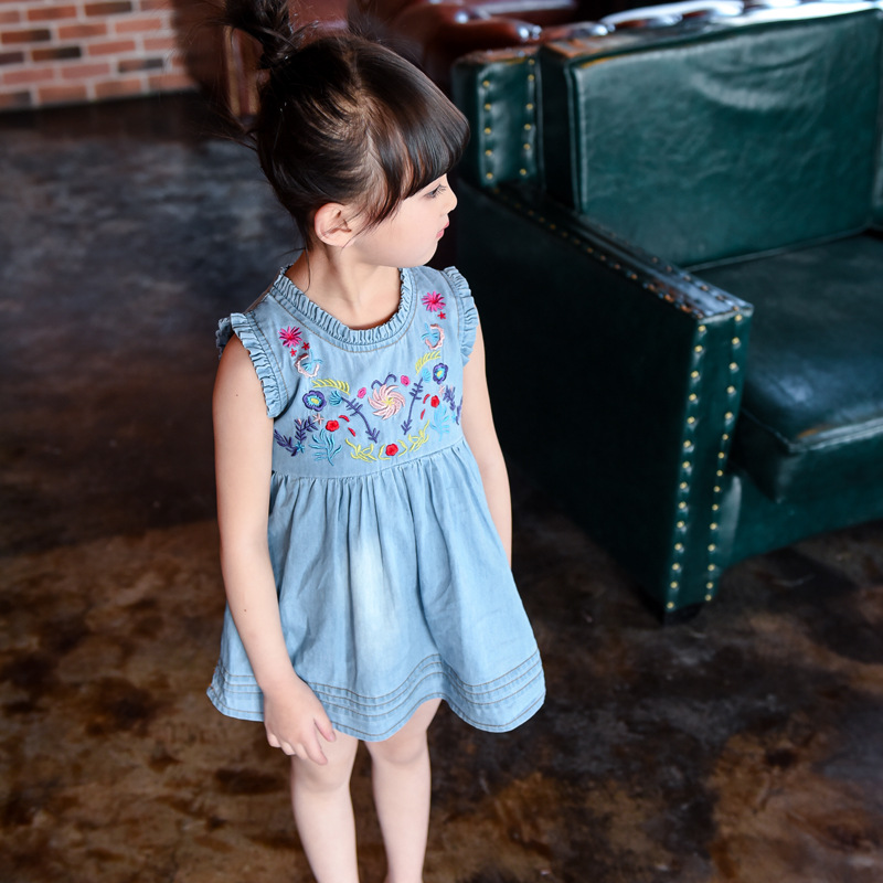 童裝一件代發 2016新款女童韓版繡花木耳邊立領牛仔連衣裙 Q218工廠,批發,進口,代購