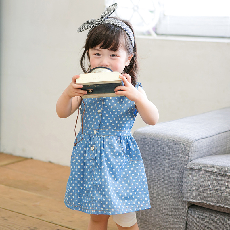 2016夏季新款韓國品質童裝星星無袖薄款牛仔兒童裙女童寶寶連衣裙工廠,批發,進口,代購