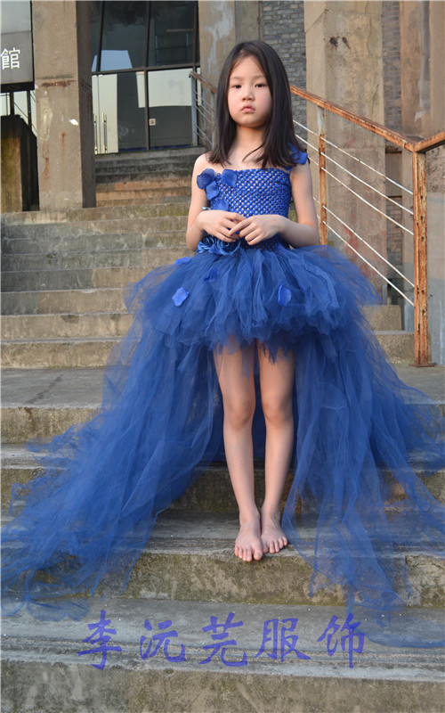 女童婚紗花朵禮服藍色花童公主裙表演走秀蓬蓬裙拖尾裙連衣TUTU裙工廠,批發,進口,代購